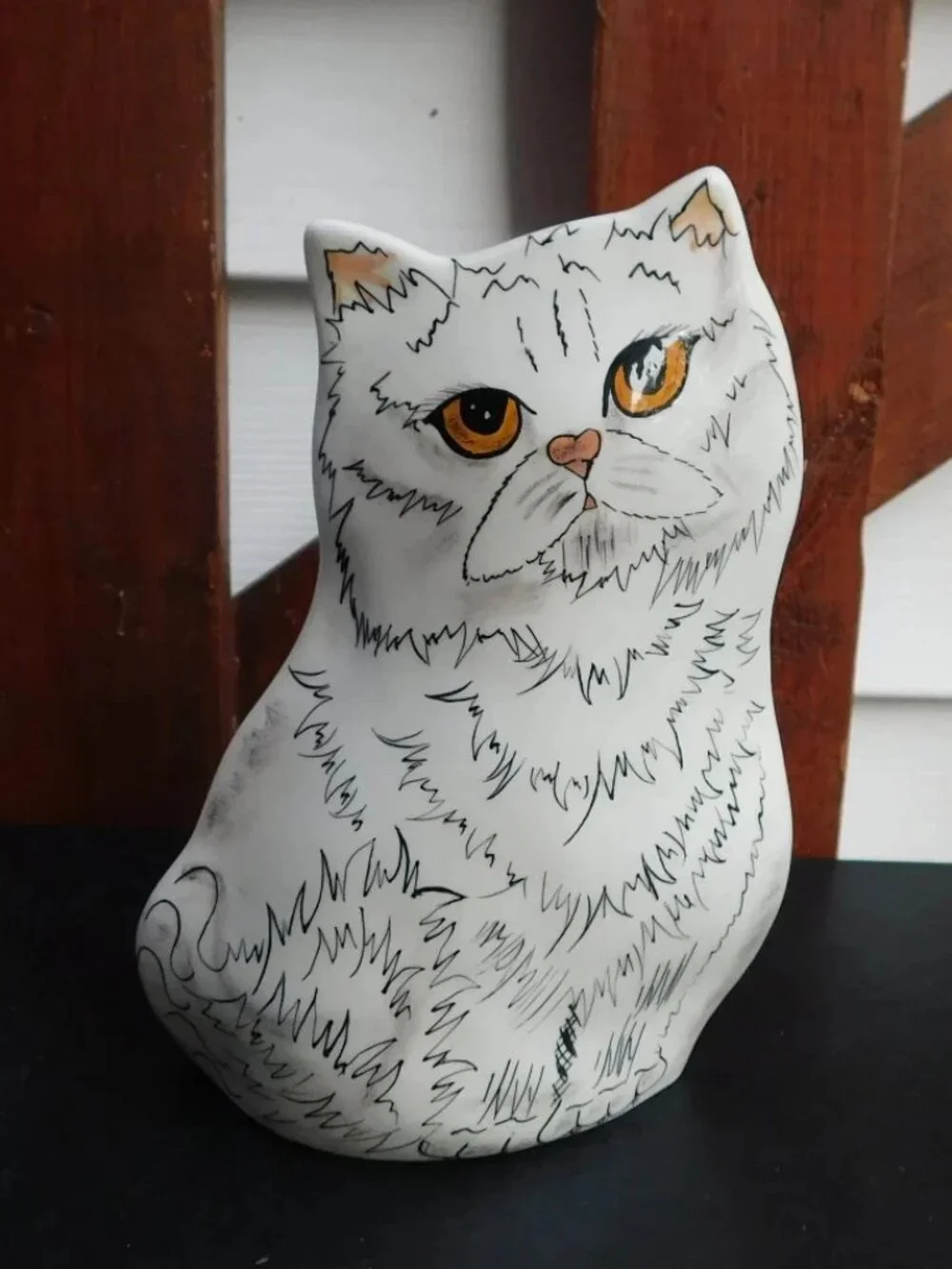Cats By Nina Lyman Ceramic Hand Painted Cat Vase White Gold Eyes Planter